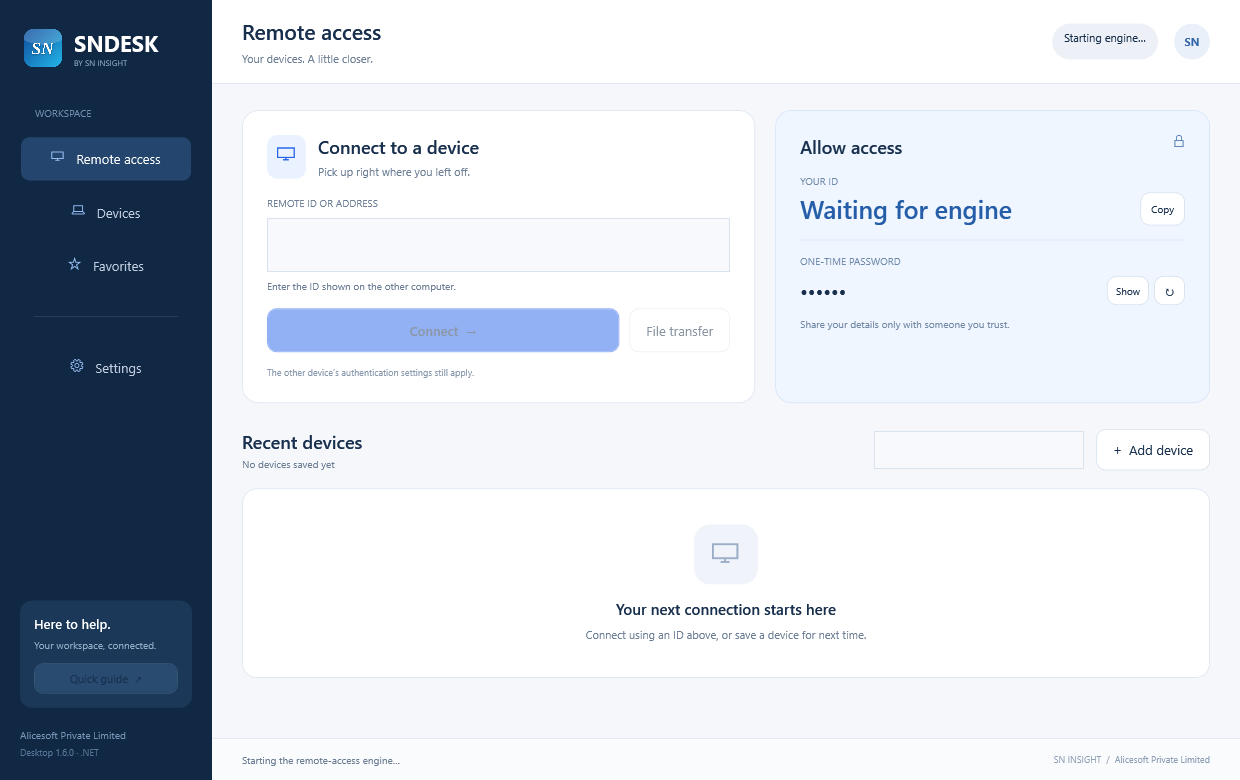 SNDESK C# interface with remote ID entry, local access details, devices and favorites navigation